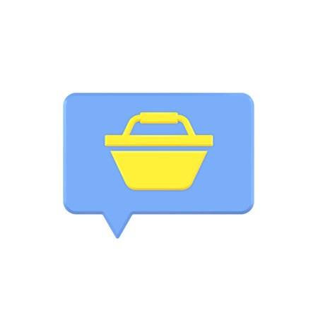 Conversation 3d bubble with basket vector icon. Blue online message with yellow container symbol new purchase and order.のイラスト素材