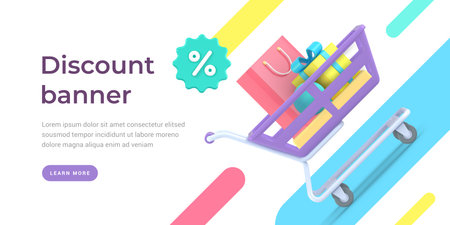Clearance sale vector landing page banner. Marketing promotions with filled shopping carts retail purchases.のイラスト素材