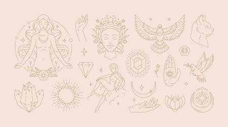 Magic woman boho illustrations of graceful feminine women and esoteric symbols set.のイラスト素材