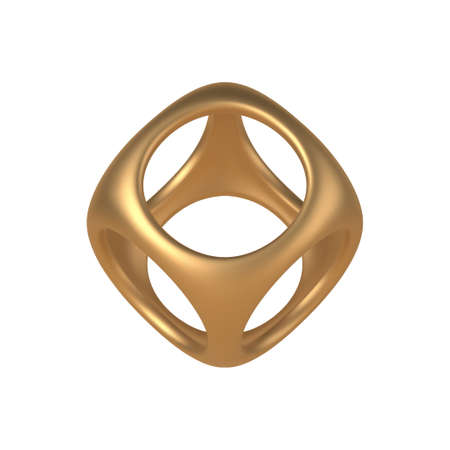 Gold 3d cube with round cutouts vector template. Geometric box decoration made precious metal for creative boho decor.のイラスト素材