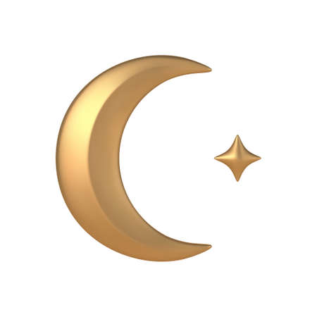 Golden 3d month with star vector template. Geometric symbol muslim holiday of ramadan made elite metal.のイラスト素材