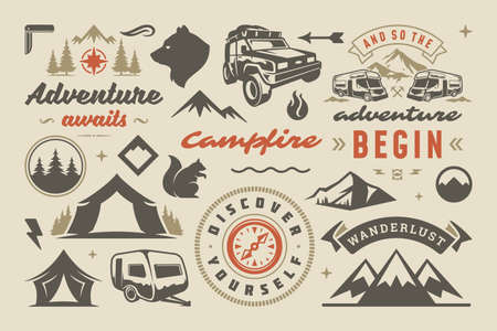 Camping and outdoor adventure design elements set quotes and icons vector illustrationのイラスト素材