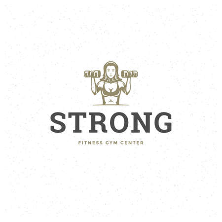 Bodybuilder woman logo or badge vector illustration female lifting dumbbells symbol silhouetteのイラスト素材