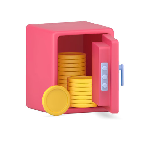 Open volumetric safe with gold coins. Pink armored vault with columns of circles made precious metalのイラスト素材