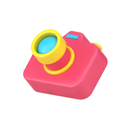 Vintage photo camera 3d icon. Red gadget with lens and buttonsのイラスト素材