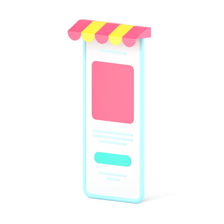 Web store in smartphone application 3d icon. Digital gadget with colored canopy and web menu