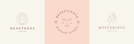 Feminine logos emblems design templates set with magic female vector illustrations minimal linear style.のイラスト素材