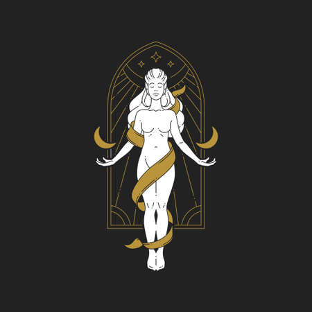 Esoteric mythical woman goddess with half moon and stars linear hand drawn vector illustrationのイラスト素材