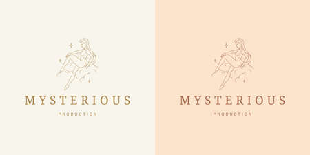 Magic female on clouds logo emblem design template vector illustration in minimal line art styleのイラスト素材