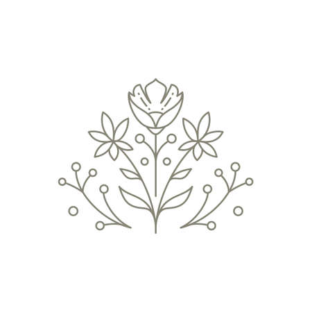 Florist decorative monochrome emblem with flower, stem, berries and leaves logo vector illustrationのイラスト素材