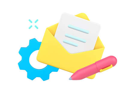 Writing new letter sending at open envelope with paper blank simple 3d isometric vector illustrationのイラスト素材