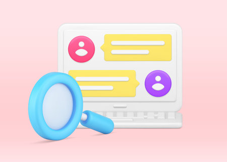 Chatting dialogue message web cyberspace at laptop display magnifying glass 3d icon illustration
