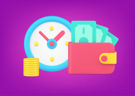 Money wealth business profit with wallet cash coins during alarm clock time 3d isometric vector