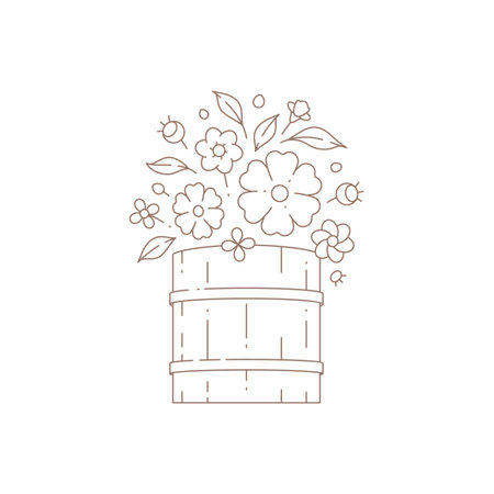 Abstract wildflower bouquet wooden bucket vase monochrome line art logo vector illustrationのイラスト素材