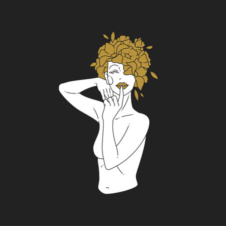 Fashion glamour woman naked body posing with botanical flower on head linear outline icon vectorのイラスト素材