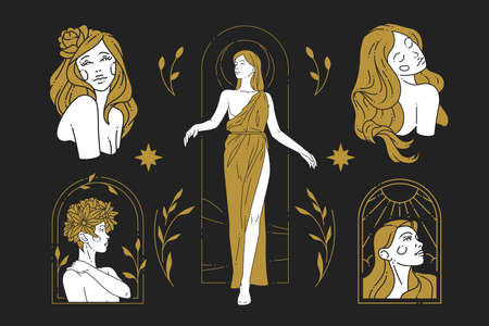 Antique goddess Greek woman with blossom botanical abstract golden and black design icon setのイラスト素材