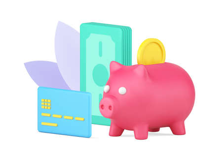 Financial independence, saving and wealth with coins piggy bank, cash dollar money and credit cardのイラスト素材