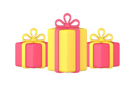 Bright festive package cardboard gift boxes different shapes for congratulations birthday 3d icon