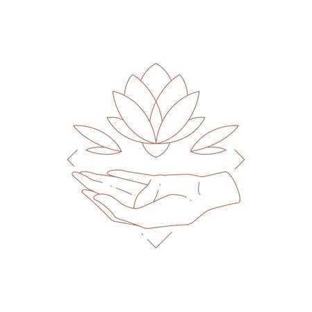 Minimalist esoteric  lotus flower over human hand meditation magic beauty wellness spa salonのイラスト素材