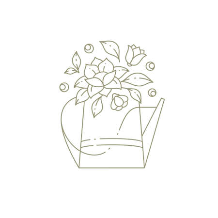 Beauty bouquet with chamomile and lotus decorated by leaves and berries and rustic watering canのイラスト素材