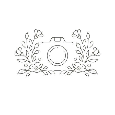 Linear feminine fashion photo camera for multimedia content create with botanical blossom vectorのイラスト素材