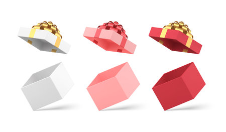 Collection open empty festive gift boxes with metallic bow ribbon 3d isometric realistic vectorのイラスト素材