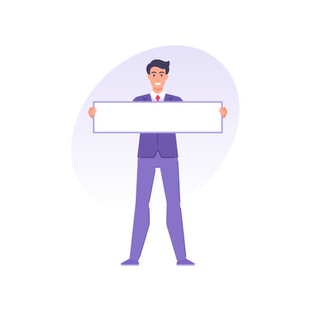 Smiling male office worker in tie suit holding white blank banner for message vector illustrationのイラスト素材