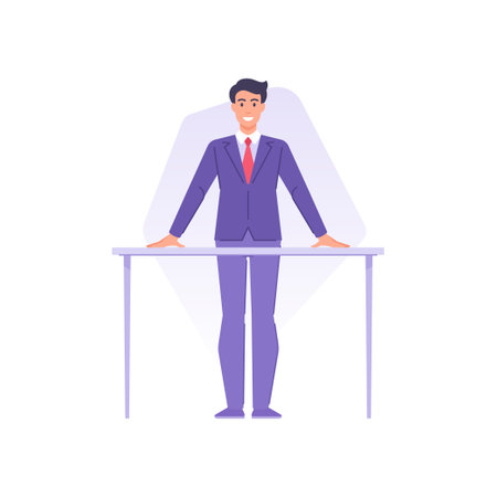 Smiling stylish politician in suit tie standing behind tribune ready public speech agitation vectorのイラスト素材