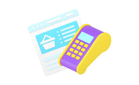 Online shopping browsing and paying goods with laptop screen and POS terminal isometric 3d iconのイラスト素材