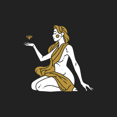 Linear minimalist Greek antique woman holding gems jewelry sitting in traditional underwear dressのイラスト素材