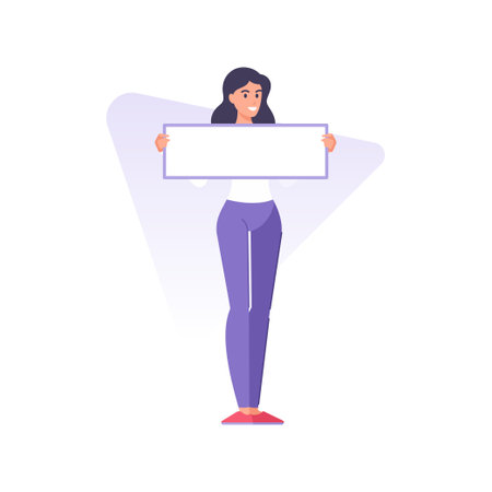 Cute young brunette woman holding horizontal rectangle banner with copy space for announce messageのイラスト素材