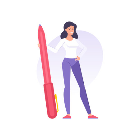 Smiling tiny business woman standing with pen handwriting paperwork documents signature vectorのイラスト素材