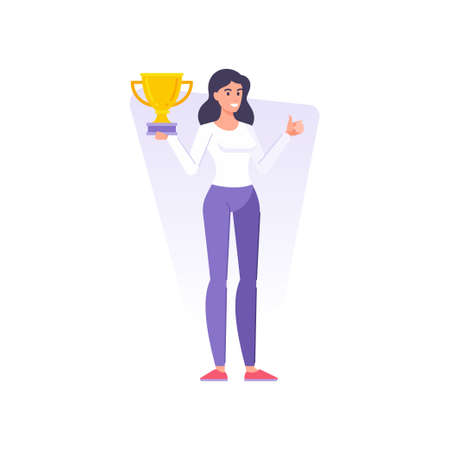 Happy winner woman holding golden honor cup showing thumbs up cool gesture vector flat illustrationのイラスト素材