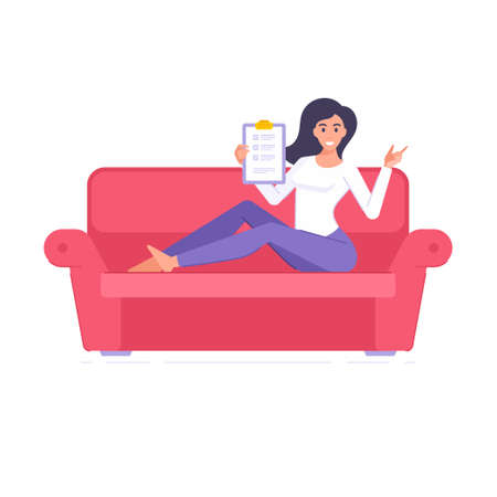 Happy brunette woman holding clipboard to do list with checkmarks tasks completed sitting on couchのイラスト素材