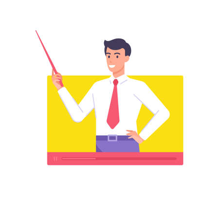 Male business coach holding pointer talking at video lesson online elearning remotely educationのイラスト素材