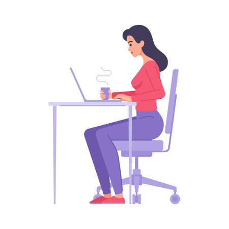 Confident business woman working use laptop sitting at desk with hot tea coffee beverage side viewのイラスト素材