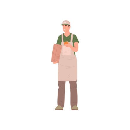 Young male fruit vendor in uniform selling fruits packing in paper package vector flat illustrationのイラスト素材
