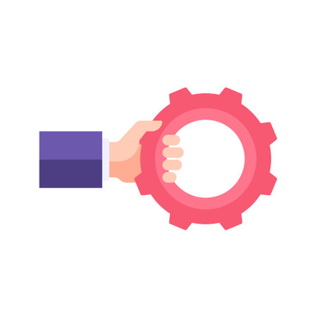 Male business hand holding gear cog wheel vector flat illustration. Man boss arm carrying cogwheelのイラスト素材