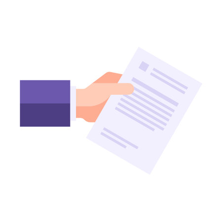 Male business hand in suit holding paper legal agreement document with printing text vector flat