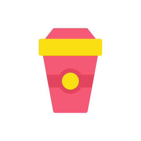Paper coffee cup vector flat illustration. Cardboard mug with plastic cap taking away hot beverageのイラスト素材