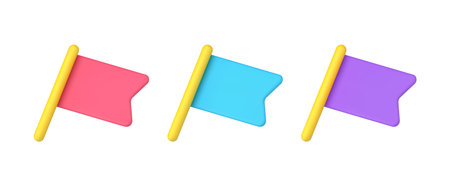 Collection red, blue and purple flag pushpin for location fixing 3d isometric vector illustration