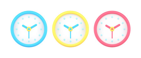 Collection blue, yellow and red analog wall clock front view time checking 3d icon template vector