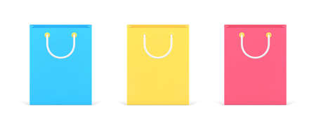 Collection glossy red, yellow and blue stacked paper shopping bag with handles front view 3d iconのイラスト素材