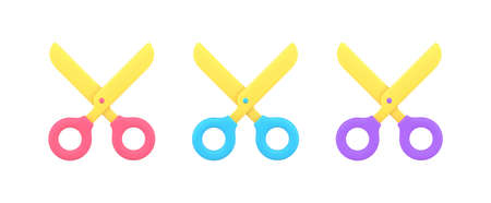 Collection multicolored scissors with rings handles and sharp blade for cutting, chopping 3d iconのイラスト素材