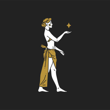Esoteric woman in antique underwear carrying star space outline minimalist logo vector illustrationのイラスト素材