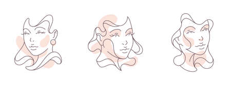 Modern artwork abstract female avatar pastel spot continuous line icon set vector illustrationのイラスト素材