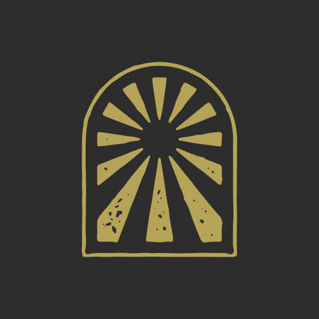 Abstract spiritual symbol antique golden sun light beams in arch frame grunge texture vectorのイラスト素材