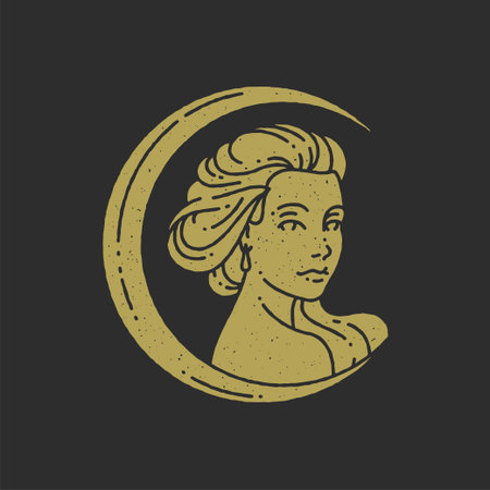 Minimalist antique logo mystic woman in half moon decorative design golden grunge texture vectorのイラスト素材