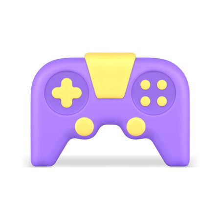 Realistic 3d icon purple yellow video game joystick vector illustration. Gamepad console controller