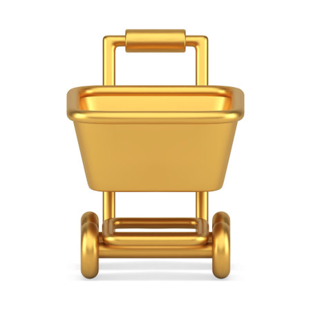 Golden metallic hypermarket pushcart grocery shopping mobile app realistic 3d icon front view vectorのイラスト素材